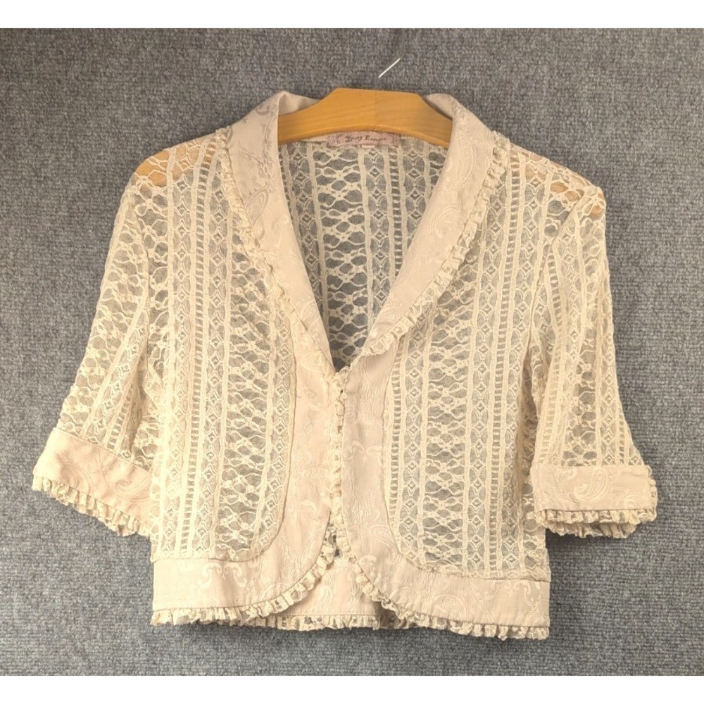 Young Essence Lace Victorian Cottagecore Open Front Jacket Beige Sheer Romantic